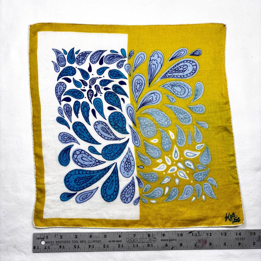 Vintage 50s 60s Signed Kati Handkerchief Paisley Chartreuse Blue Cotton Hanky - Picture 2 of 7